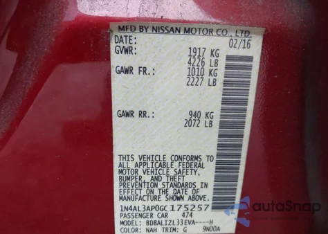 2016 Nissan Altima 2.5 Sv z USA, uszkodzony, nr VIN 1N4AL3AP0GC175257